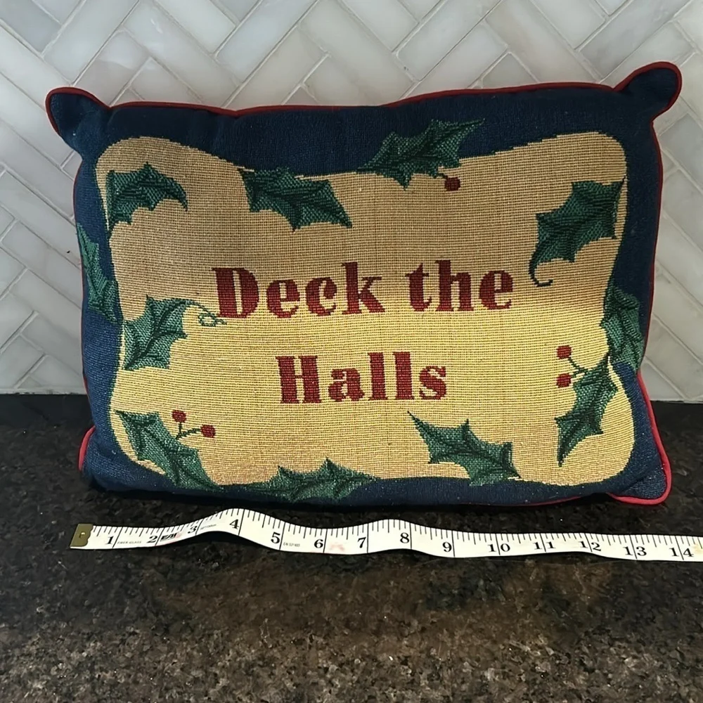 Festive Deck the Halls Holiday Pillow red and blue Christmas pillow rectangle